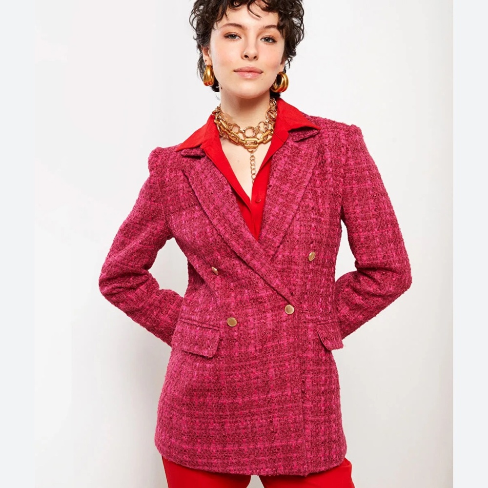 LC Waikiki Vision Tweed Blazer Gold Button Tailored Statement Sz S
